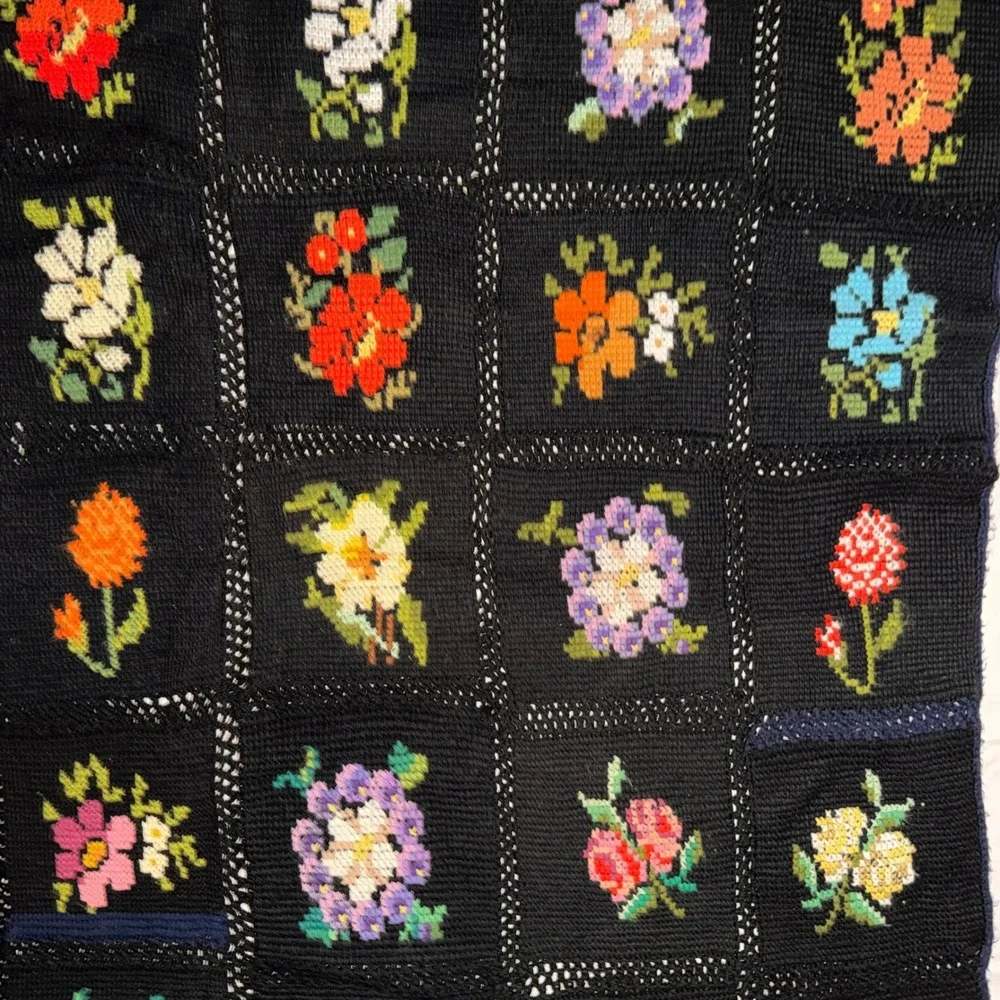 Vintage Handmade Crochet Floral Afghan Blanket Cross Stitch Tassel Fringe Black